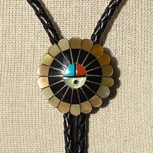 Vintage Zuni Native American Signed Sterling Silver Black Leather Bolo Tie